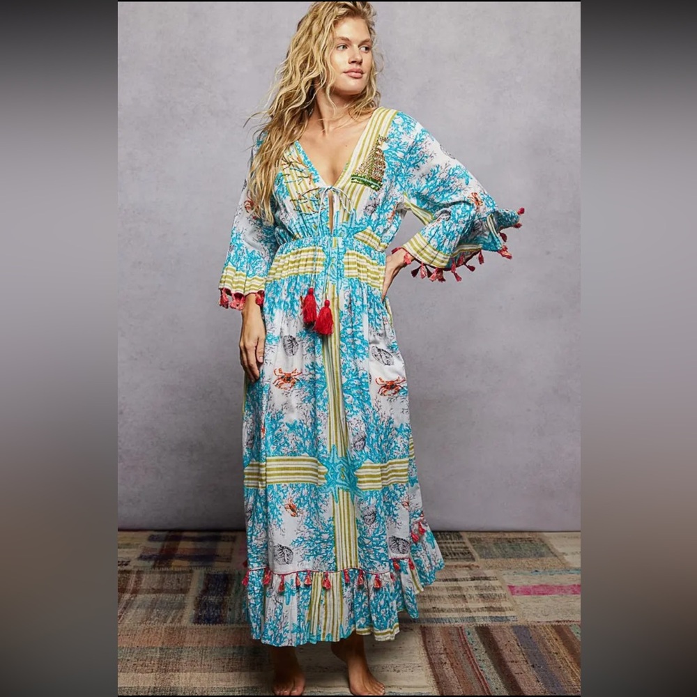 Beach Pattern V-Neck Ruffle Sleeves Tassel Maxi Dress|Blue+Ivory Multi